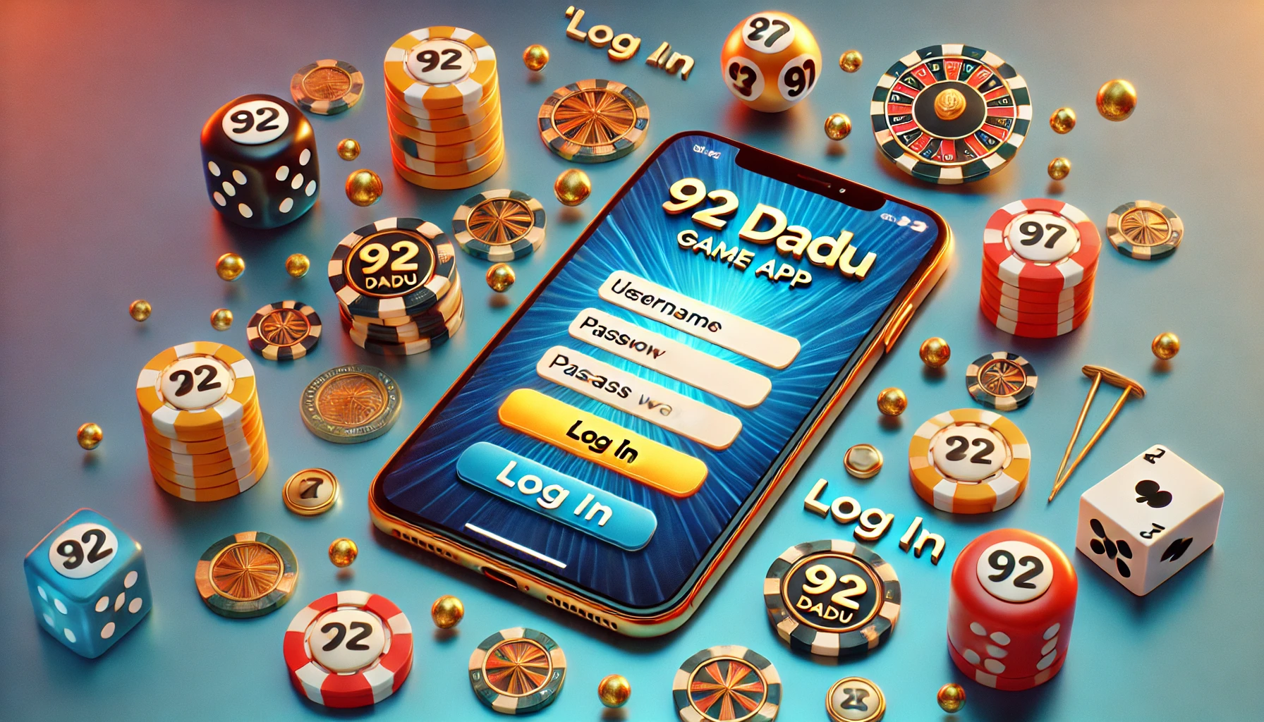 92 Dadu Game app login screen with secure username and password fields and vibrant gaming elements.