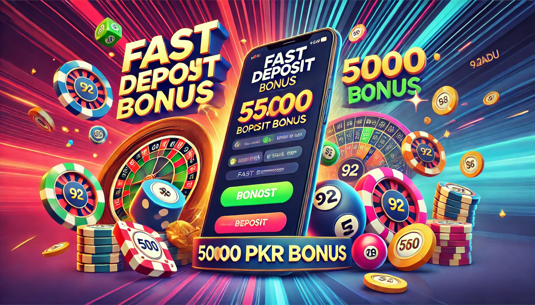 92 Dadu Game app offering a fast deposit bonus of 5000 PKR with vibrant graphics and a mobile interface.